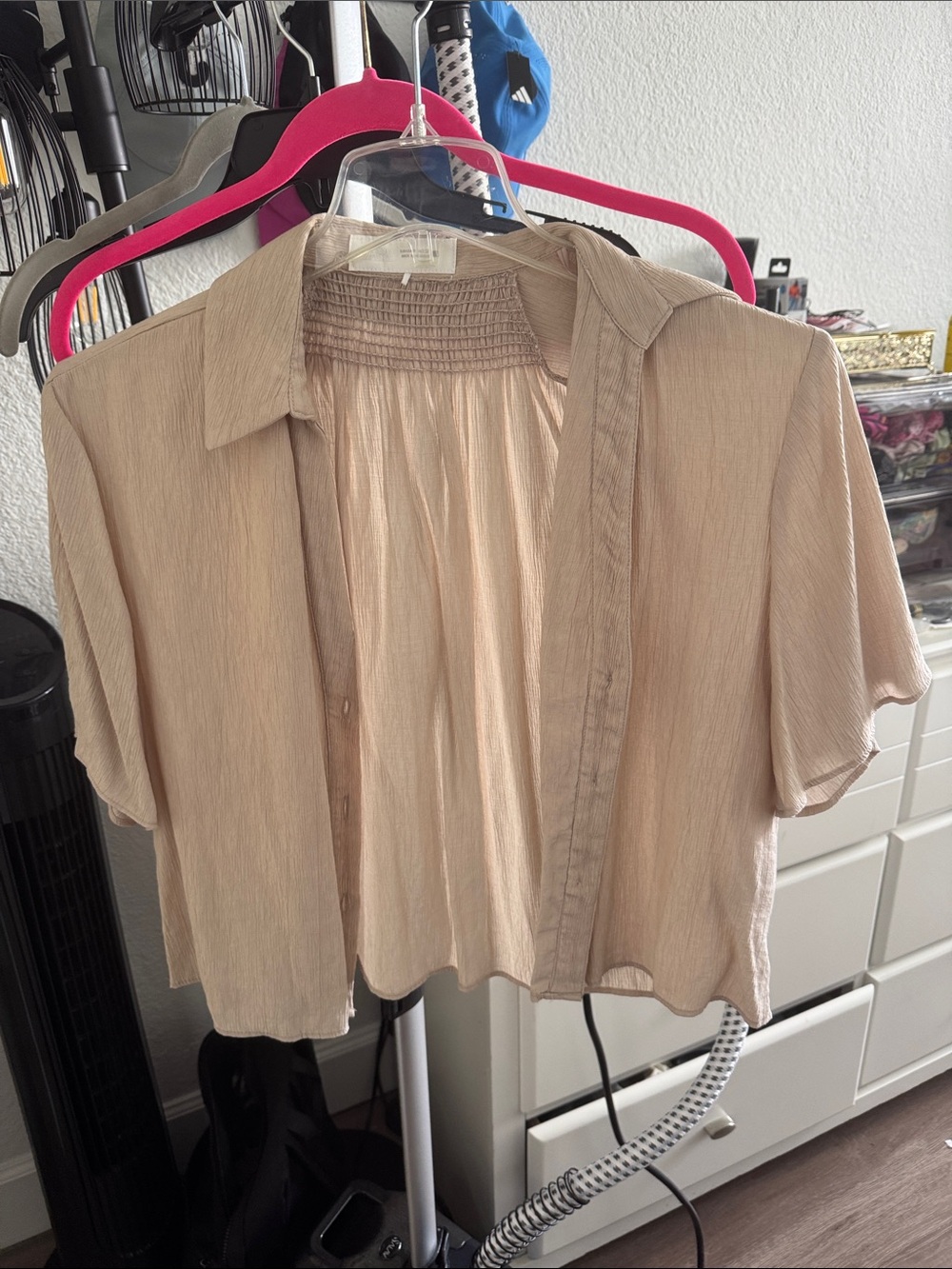 Zara Light Beige Cropped Button-Down Short-Sleeve Shirt